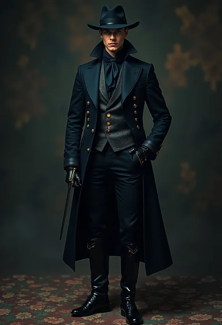 classic Assassins' Guild attire, Ankh-Morpork, tailored dark suit, high collar, midnight blue, hidden pockets, sleek design, polished leather gloves, silent boots, silk cravat, aristocratic flair, lightweight fabric, flexible dagger, wide-brimmed hat, hood, refined elegance, intimidating, Discworld
