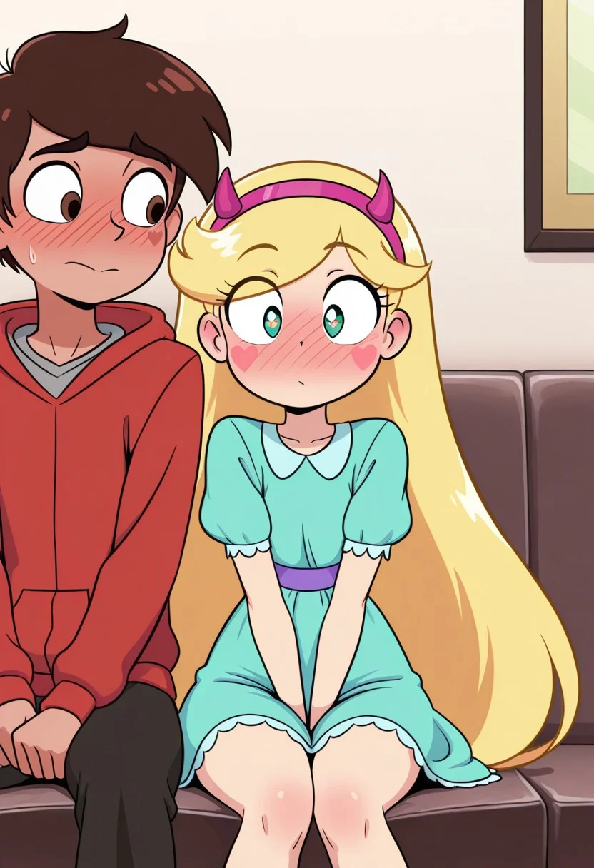 masterpiece, best quality, break. star_co, (1boy, marco_d, hoodie), break, (1girl, star_b, fake horns, dress, very long hair, blondie hair, heart stickers blush), sitting together, living room, front view