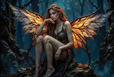 ArsMJStyle, Stained Glass,dark fantasy, eerie,. A Full body shot of a breathtaking young elf with delicate, stained glass butterfly wings, glowing softly as they catch the light. She sits on a moss-covered stone, her wings folded neatly behind her, her gaze peaceful . Her skin is smooth, flawless, and radiant, with a soft, silky texture and no visible imperfections. The stained glass wings shimmer with translucent sections that change color as she moves, capturing the light like a prism. Her expression is serene, with an intense focus on something distant, while her hair rests softly on her shoulders, shining under the moonlight. Highly detailed, photorealistic, sharp focus, volumetric lighting, realistic shadows, ultra-high definition, and cinematic atmosphere. , <lora:StainedGlassFlux.safetensors:1.0:1.0> <lora:fantasy-flux-v1.safetensors:1.0:1.0> <lora:Flux Darkfantasy_epoch_1.safetensors:0.75:0.75>