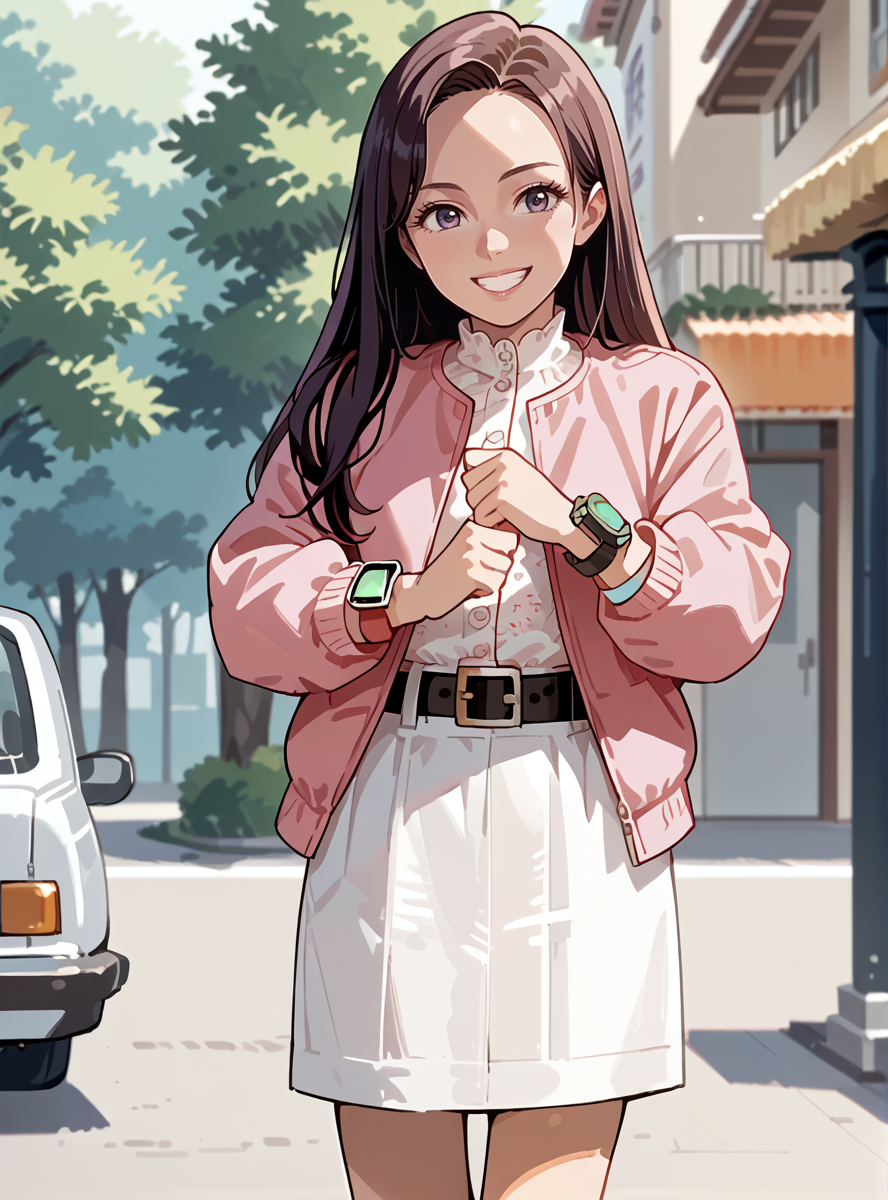 score_9, score_8_up, score_7_up, score_6_up,source_anime anime screencap,  anime coloring,   <lora:PinkTurbo:1>pinkturbo, 1girl, long hair, solo, pantyhose, jacket, skirt, belt, smile, shorts, wristwatch