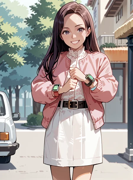 score_9, score_8_up, score_7_up, score_6_up,source_anime anime screencap, anime coloring, <lora:PinkTurbo:1>pinkturbo, 1girl, long hair, solo, pantyhose, jacket, skirt, belt, smile, shorts, wristwatch