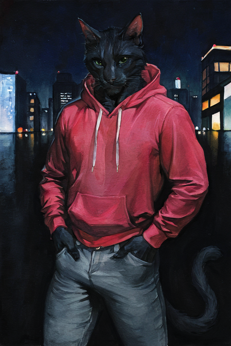 masterpiece, best quality, highres, newest, traditional media, realistic, watercolor \(medium\), anthro, furry, black cat, cat, black fur, green eyes, pink hoodie, grey pants, muscular, 1boy, solo, male focus, mature male, looking at viewer, cowboy shot, standing, outdoors, city, building, night, night sky, dark background <lora:Ð¡osmic Void [LoRA] - NoobAI-XL EPS 1.0:0.8>