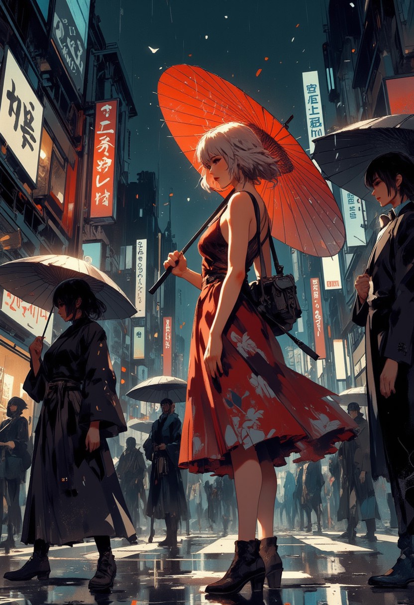Mh1$AgThS2, intricate linework with expressive contrasts, soft lighting with dynamic highlights, image of a Japanese woman, blonde straight-cut bob, red summer dress, red umbrella, standing on a street in a tokyo shopping area surrounded by people in dark clothes and black umbrellas, downtown, in the pouring rain, silhouetted at night, chiascuro, dark sky, bokeh, stars, In the style of ff-td