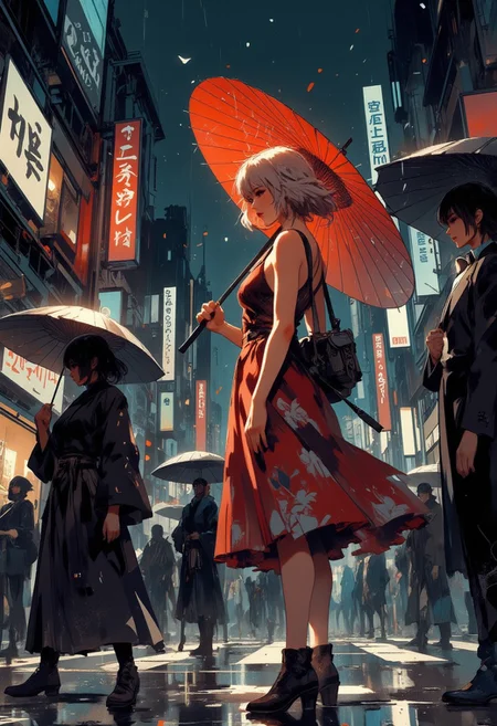 Mh1$AgThS2, intricate linework with expressive contrasts, soft lighting with dynamic highlights, image of a Japanese woman, blonde straight-cut bob, red summer dress, red umbrella, standing on a street in a tokyo shopping area surrounded by people in dark clothes and black umbrellas, downtown, in the pouring rain, silhouetted at night, chiascuro, dark sky, bokeh, stars, In the style of ff-td