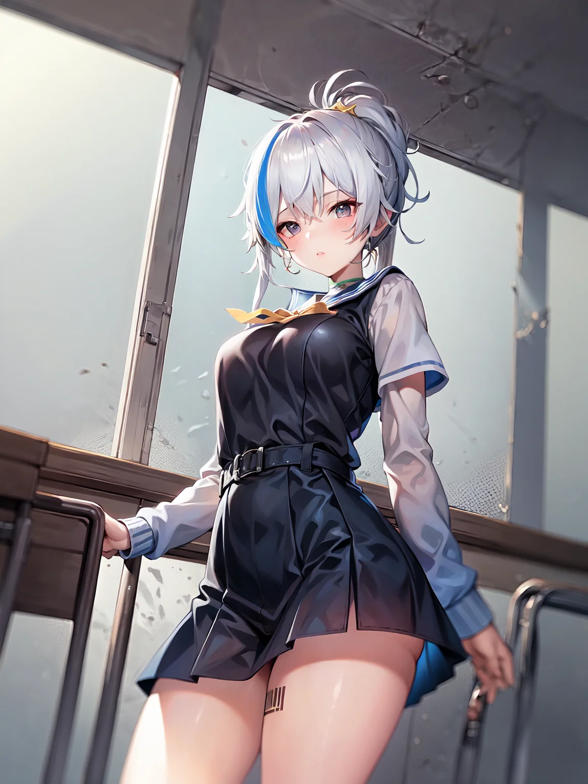 masterpiece, best quality, solo, <lora:eph3-10:1>, white hair, school uniform,