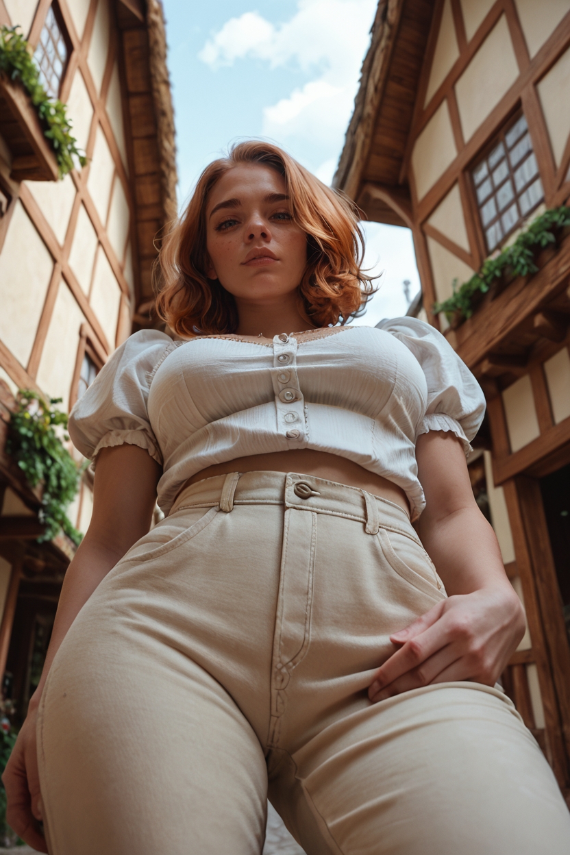 score_9, score_8_up, score_7_up, woman, from below, cowboy shot, , looking at viewer, pants, top, large breasts, ginger hair, medium hair, village, quaint houses, charming streets, community <lora:frombelowv11_PONY:0.9>