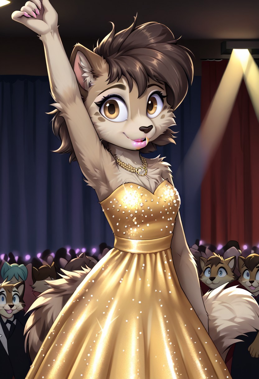 solo, dark brown head fur, fluffy fur, Large eyes, pink lipstick, civet cat, wearing a long party dress, dancing on a Broadway stage,