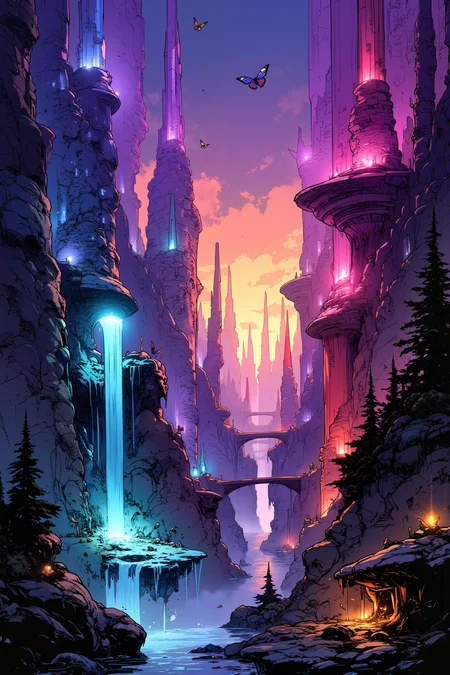 The Crystal Canyon of A Thousand Songs, where towering crystalline formations grow in impossible spirals of rainbow hues. Each crystal resonates with a different musical note when the wind blows, creating an ever-changing symphony that echoes through the gorge. Floating islands of pure crystal hover between the spires, connected by bridges of light that form and dissolve with the music. The sky above shifts between deep purple and brilliant turquoise, while crystal butterflies with wings of stained glass float between the formations. At sunset, the entire canyon becomes a natural light show as the crystals refract the dying sun's rays, creating auroras that dance between the spires. Fantastic lighting. Detailed shadows.intricate details, vivid colors, hyper-detailed, ultra-sharp<lora:Ev_Ganin:0.4><lora:Vintage comic book:0.4><lora:RetroAnimeFluxV1:0.15><lora:Greg_Capullo_style:0.4><lora:jeanClaude_Mzires_Style_FLUX-000001:0.4><lora:Flux_Ink_Anime:0.4>