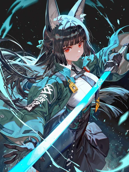 1girl,solo,large breasts,hoshimi miyabi,zenless zone zero,rei \(sanbonzakura\),torino aqua,(ciloranko:0.9),lack,from above,from side,foreshortening,animal ear fluff,black gloves,black hair,black necktie,black skirt,blunt bangs,closed mouth,fox ears,fox girl,green jacket,high-waist skirt,holding sword,glowing katana,energy,long hair,red eyes,serious,sidelocks,solo,white shirt,blue theme,black background,depth of field,cinematic,
,masterpiece,best quality,amazing quality,