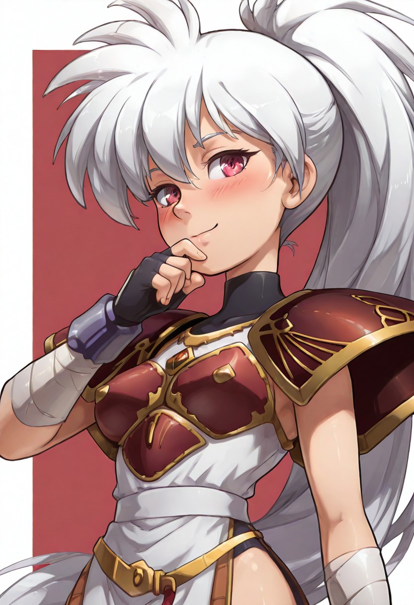 masterpiece,best quality,amazing quality,
1girl,solo,<lora:luna_ilxlv1:1>,Luna,white hair,red eyes,hair ornament,ponytail,l_clothes,shoulder armor,
<lora:Fixhands_anime_bdsqlsz_V1:1>,looking_at_viewer,upper_body,face_focus,dynamic_angle,cinematic_angle,smile,light_blush,white_background,simple_background,hand to own mouth,profile,