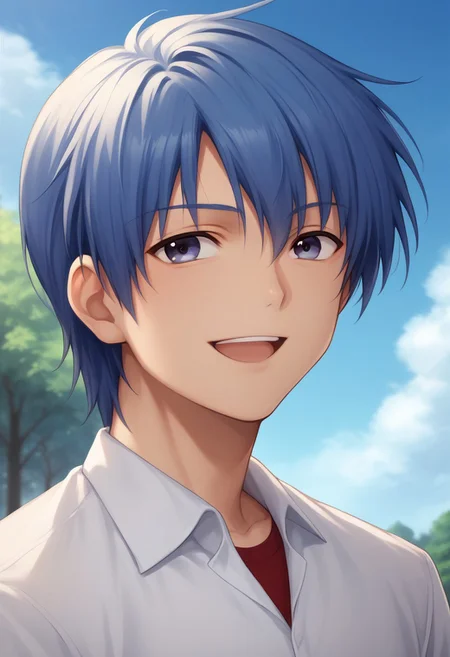 score_9, score_8_up, score_7_up, source_anime, highly detailed,
hideki, 1boy, solo, male focus, blue hair, sky, cloud, day, shirt, blue sky,
blue eyes, open mouth, smile, white shirt,
outdoor, sky, blue sky, tree
