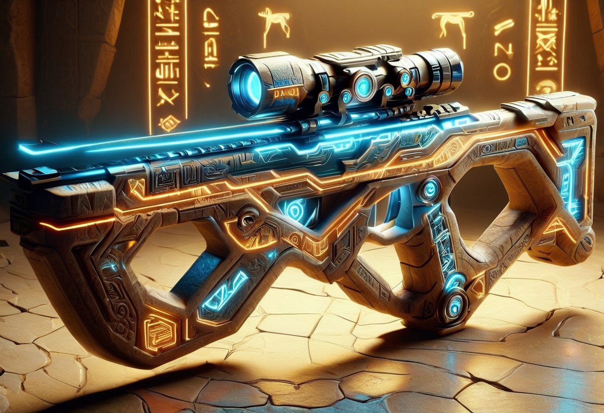 egyptTech, neon crossbow, scope, Egypt Tech neon crossbow with scope, fantasy Egypt Tech neon crossbow with scope, science-fiction Egypt Tech neon crossbow with scope, Egypt Tech neon crossbow with scope aesthetic, elegant, majestic, detailed, ultra realistic, masterpiece, high detailed skin, high definition, high quality, anime cgi, detailed matte painting, deep color, fantastical, intricate detail, splash screen, complementary colors, fantasy concept art, 8k resolution, Unreal Engine 5
