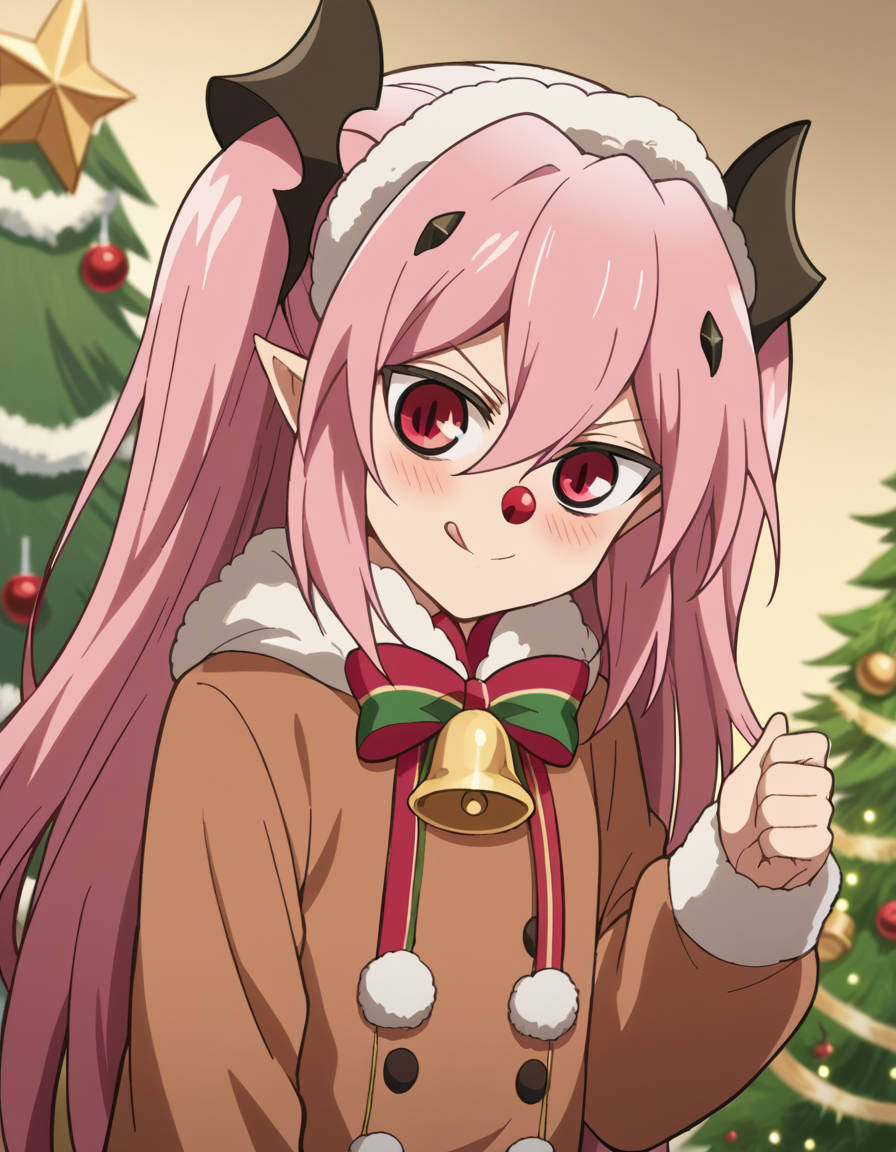 score_9, score_8_up, score_7_up, source_anime, <lora:krul-tepes-s2-ponyxl-lora-nochekaiser:1>, krul tepes, long hair, red eyes, pink hair, pointy ears, hair ornament, anime screencap, <lora:reindeer-costume-ponyxl-lora-nochekaiser:1>, reindeer costume, animal costume, reindeer antlers, antlers, fake antlers, reindeer hood, christmas, red nose, deer ears, deer tail, christmas tree, bell, horns, reindeer,, blush, smile, tongue out, looking at viewer,, , dutch angle, cowboy shot