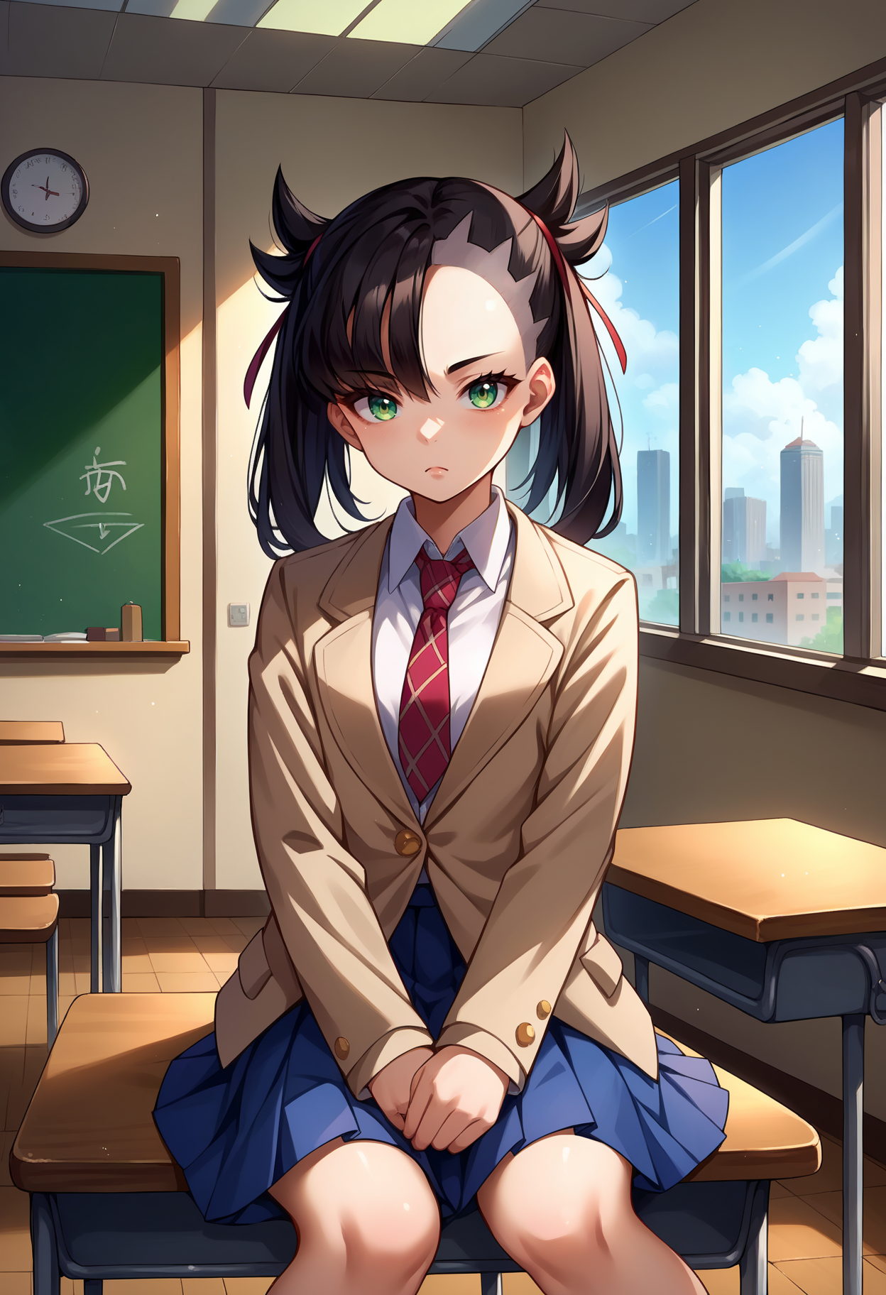 score_9, score_8_up,score_7_up, source_anime, rating_safe, 1girl, solo, <lora:EPpkMarnie:1>, black hair, hair ribbon, green eyes, twintails, asymmetrical bangs, red ribbon, 
Mary,
 indoors, classroom, window, city,looking at viewer, sitting, on desk, v arms,uniform, emblem, beige jacket, white shirt, collared shirt, plaid necktie, necktie, pleated skirt, skirt,