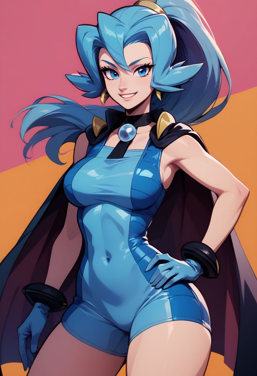 score_9, score_8_up, score_8, big breasts, (curvy), cute, eyelashes, 
BREAK, 
zzClair, solo, 1girl,  long hair, blue hair, blue eyes, ponytail, blue bodysuit, black cape, blue gloves,
BREAK,,  
cowboy shot, smile, hand on hip, contrapposto, wide hips, 
zPDXL,