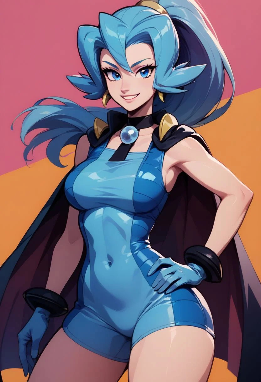 score_9, score_8_up, score_8, big breasts, (curvy), cute, eyelashes,
BREAK,
zzClair, solo, 1girl, long hair, blue hair, blue eyes, ponytail, blue bodysuit, black cape, blue gloves,
BREAK,,
cowboy shot, smile, hand on hip, contrapposto, wide hips,
zPDXL,