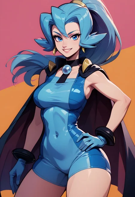 score_9, score_8_up, score_8, big breasts, (curvy), cute, eyelashes,
BREAK,
zzClair, solo, 1girl, long hair, blue hair, blue eyes, ponytail, blue bodysuit, black cape, blue gloves,
BREAK,,
cowboy shot, smile, hand on hip, contrapposto, wide hips,
zPDXL,