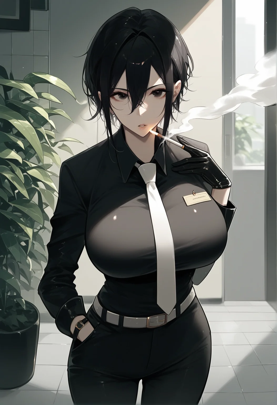 score_9, score_8_up, score_7_up, score_6_up, source_anime, <lora:RLI 0.1v:1>,
1girl, necktie, solo, gloves, holding cigarette, cigarette, black hair, shirt, holding, breasts, black gloves, black shirt, large breasts, pants, black pants, belt, white necktie, hair between eyes, hand in pocket, looking at viewer, smoking, smoke, collared shirt, short hair, tiles, indoors, black eyes, plant, half gloves, bangs, long sleeves, parted lips, tile floor