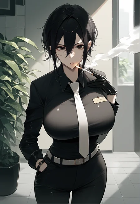 score_9, score_8_up, score_7_up, score_6_up, source_anime, <lora:RLI 0.1v:1>, 
1girl, necktie, solo, gloves, holding cigarette, cigarette, black hair, shirt, holding, breasts, black gloves, black shirt, large breasts, pants, black pants, belt, white necktie, hair between eyes, hand in pocket, looking at viewer, smoking, smoke, collared shirt, short hair, tiles, indoors, black eyes, plant, half gloves, bangs, long sleeves, parted lips, tile floor