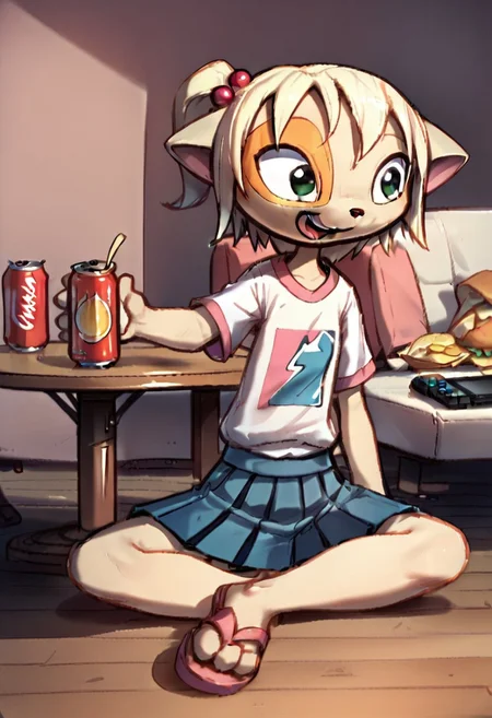 <lora:Paige_v2_r1:0.8>,
score_9,score_8_up,score_7_up,paige,
1girl,solo,furry,
open mouth, smile, short hair, hair bobbles, small side, ,ponytail, one side up, short sleeves, white jacket, open jacket, pink shirt, t-shirt, pleated skirt, blue skirt, sitting, indian style, sandals, soda can, table, potato chips,
playing games, nintendo switch,couch,living room,
simple background