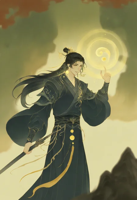 Prompt: jinhongi, zaha,1boy, black hair, black hanfu, blurry, blurry background, blurry foreground, chinese clothes, closed mouth, depth of field, earrings, glowing, gold earrings, half updo, hanfu, high ponytail, holding, holding orb, holding sword, holding weapon, jewelry, long hair, long sleeves, looking at object, male focus, ponytail, sash, smile, solo, sword, weapon, xiao guan \(headdress\), yellow eyes, zhijupao.,
Negative prompt: nsfw, worst quality, old, early, low quality, lowres, signature, username, logo, bad hands, mutated hands, mammal, anthro, furry, ambiguous_form, feral, semi-anthro, bad anatomy, bad proportions, extra limbs, extra digit, extra legs, disfigured, missing arms, too many fingers, fused fingers, missing fingers, unclear eyes, watermark, nail polish, nail, multicolored nails, speech bubble, ai-generated,
Size: 832x1216,
Seed: 3684152131,
Model: noobaiXLNAIXL_epsilonPred11Version,
Steps: 30,
Sampler: ,
KSampler: euler_ancestral,
Schedule: simple,
CFG scale: 4.5,
Guidance: 3.5,
VAE: Automatic,
Denoising strength: 0.3,
Clip skip: 2,
LoRA: mythforill-000207:0.95,
Hires resize: 1248x1824,
Hires steps: 20,
Hires upscaler: 4x-UltraSharp