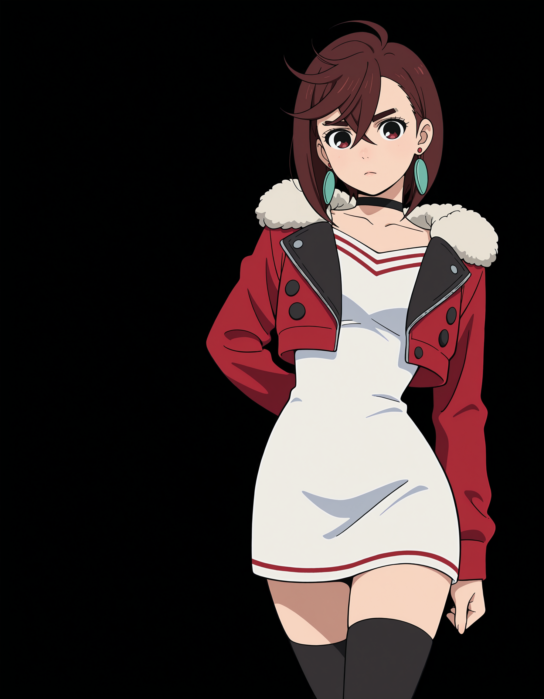 <lora:Ayase Momo Illu v3:1>
1girl, solo,
ayasemomo, brown hair, short hair, hair between eyes, crossed bangs, black choker, earrings,
j4cket, cropped jacket, red jacket, black choker, white dress, short dress, red accents, fur trimmed jacket, long sleeves, black thighhighs, open jacket, 
looking at viewer, 
anime screencap, anime coloring,, masterpiece, best quality, amazing quality,, (simple background, black background:1.5),