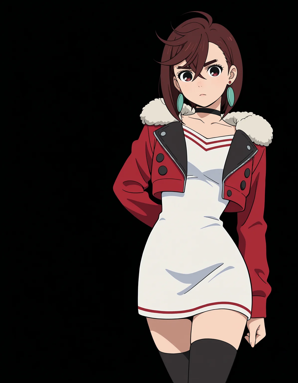 <lora:Ayase Momo Illu v3:1>
1girl, solo,
ayasemomo, brown hair, short hair, hair between eyes, crossed bangs, black choker, earrings,
j4cket, cropped jacket, red jacket, black choker, white dress, short dress, red accents, fur trimmed jacket, long sleeves, black thighhighs, open jacket,
looking at viewer,
anime screencap, anime coloring,, masterpiece, best quality, amazing quality,, (simple background, black background:1.5),