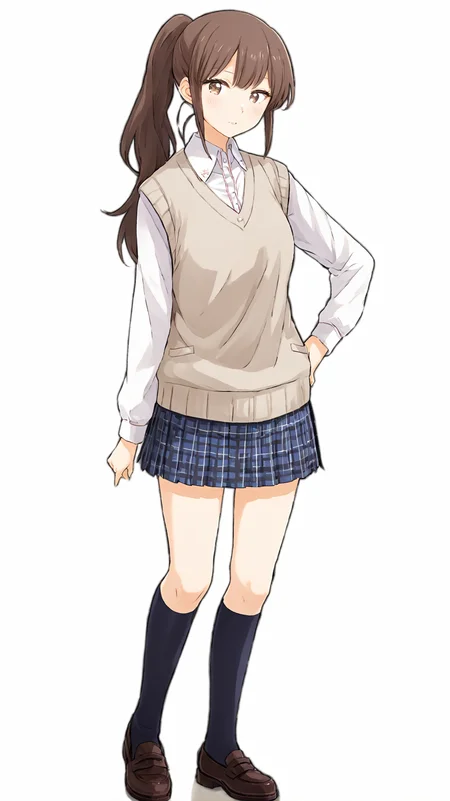 masterpiece,best quaity,
<lora:yunatoomi.sdxl.v3:1>
yuna toomi
1girl,solo, brown hair, ponytail,
brown eyes,
school uniform, white shirt, collared shirt, long sleeves
plaid skirt, pleated skirt,
white kneehighs,
brown footwear,
sweater vest, beige sweater,
standing,
full body,
simple background,