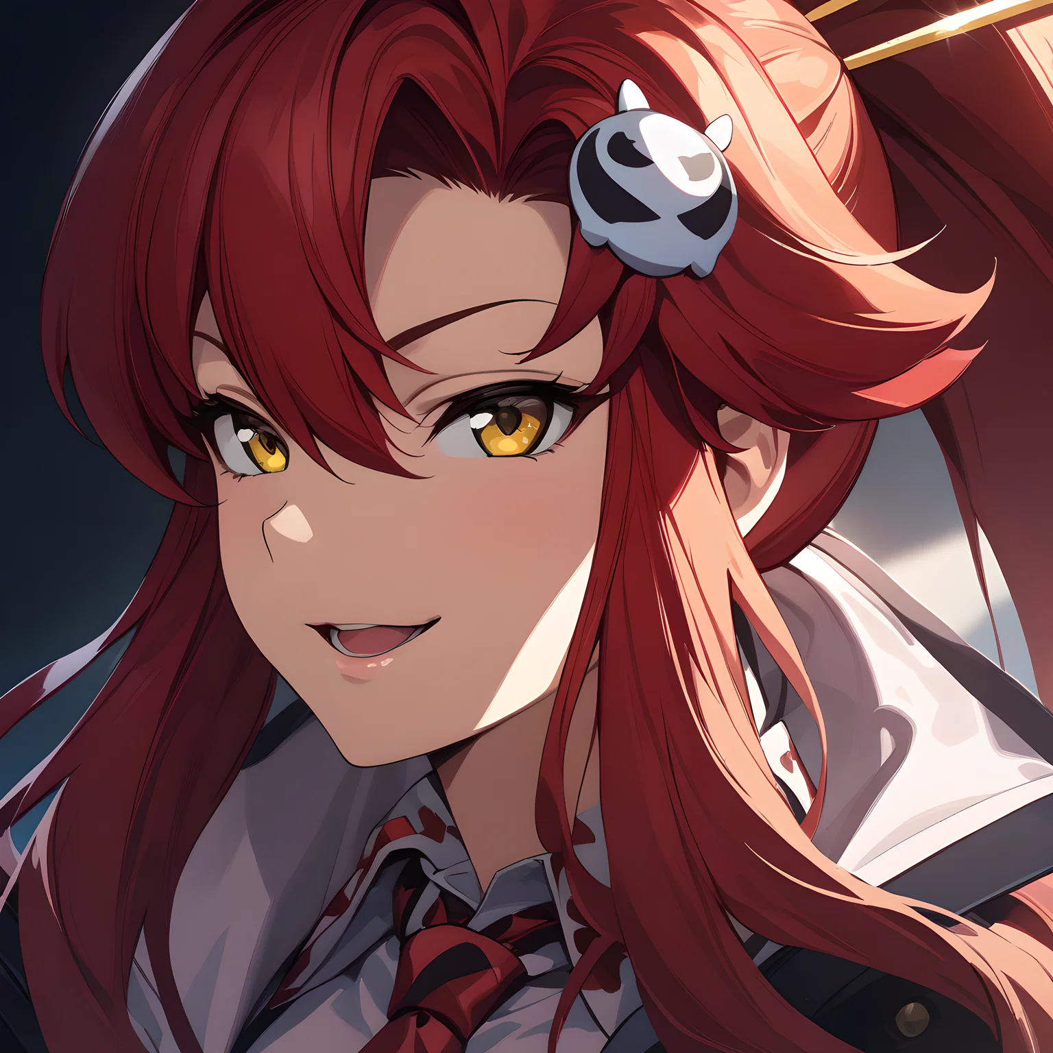 (masterpiece),(best quality),(ultra-detailed),(best illustration),(best shadow),(absurdres),(detailed background),(very aesthetic), yoko littner, 1girl, solo, red hair, parody, gloves, yellow eyes, long hair, style parody, open mouth, hair ornament, ponytail, necktie, portrait, very close-up, seductive smile, <lora:Yoko_Littner:1>