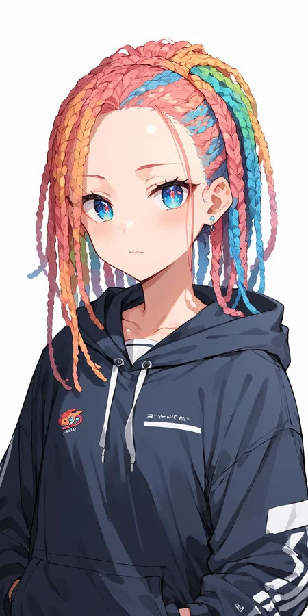 score_9, score_8_up, score_7_up,source_anime, high res image,masterpiece,best quality,girl,cute face,clear skin,shiny hair,ultra detailed eyes,simple background , <lora:dreadlocks_pony_V1.0:1> dreadlocks,colorfull hair <lora:hoodie_pony_V1.0:1> jyojifuku, hood