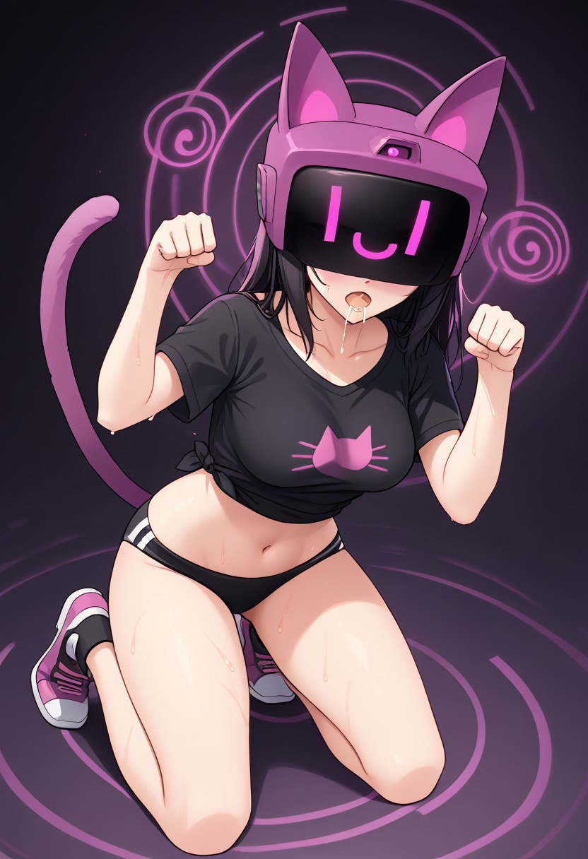 score_9, score_8_up, score_7_up,masterpiece, best quality, absurdres, extremely detailed,2d,source anime,zkovisor,hypnotic visor,mind control,helmet, cat ears,1girl,cat girl,fake tail,on knees, paw pose,breasts out,shirt,navel,sweaty skin,drooling,open mouth,:)