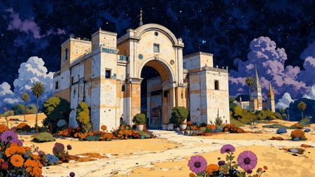 Art Deco painting. Ground level wide angle view. Mayan theme. Victorian castle in a desert at night, white spotlights. Intricate white and violet and brass gothic details. Overall, the scene is imaginary and is very detailed. Dramatic lighting illuminates the scene from below. <lora:Paper_Marbling_Flux:0.8> <lora:아름답고_우아한_r1:0.6> <lora:midjourney_whisper_chromaplex_v1:0.8>