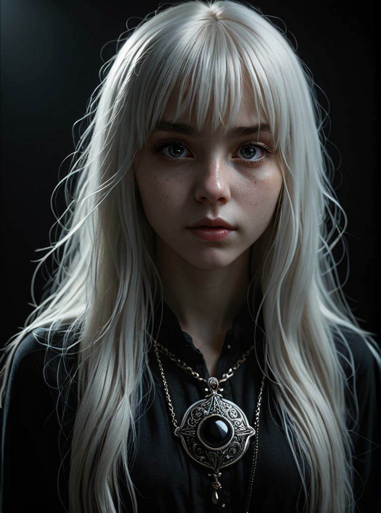 Full body portrait of girl with long white hair and bangs, a large obsidian medallion, low head, hyper detailed eyes, backlighting, shadows, very high contrast, overhead light, dark background, photo quality, 4K