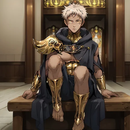 source_anime, anime screenshot, anime colouring, highly detailed, intricately detailed illustration,  Palace background, indoors, solo, 1male, Dark skin, white hair, yellow eyes, male focus, black cloak, black pants, barefoot, 5 toes, leg armor, gold leg armor, shin armor, shoeless leg armor, itadori yuuji, itadori_facial mark, sitting on bench