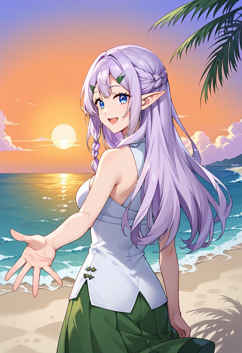 looking at viewer, (watching from behind:1.4), (sideways:1.4), head turned toward the viewer, 1solo, girl, (right arm outstretched toward behind:1.4), RiaINN, light purple hair, long hair, side braid, blue eyes, pointy ears, hairclip, sea, sunset, beach, (left palm along the body:1.3), white dress, green skirt, open-mouth smile