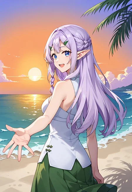 looking at viewer, (watching from behind:1.4), (sideways:1.4), head turned toward the viewer, 1solo, girl, (right arm outstretched toward behind:1.4), RiaINN, light purple hair, long hair, side braid, blue eyes, pointy ears, hairclip, sea, sunset, beach, (left palm along the body:1.3), white dress, green skirt, open-mouth smile