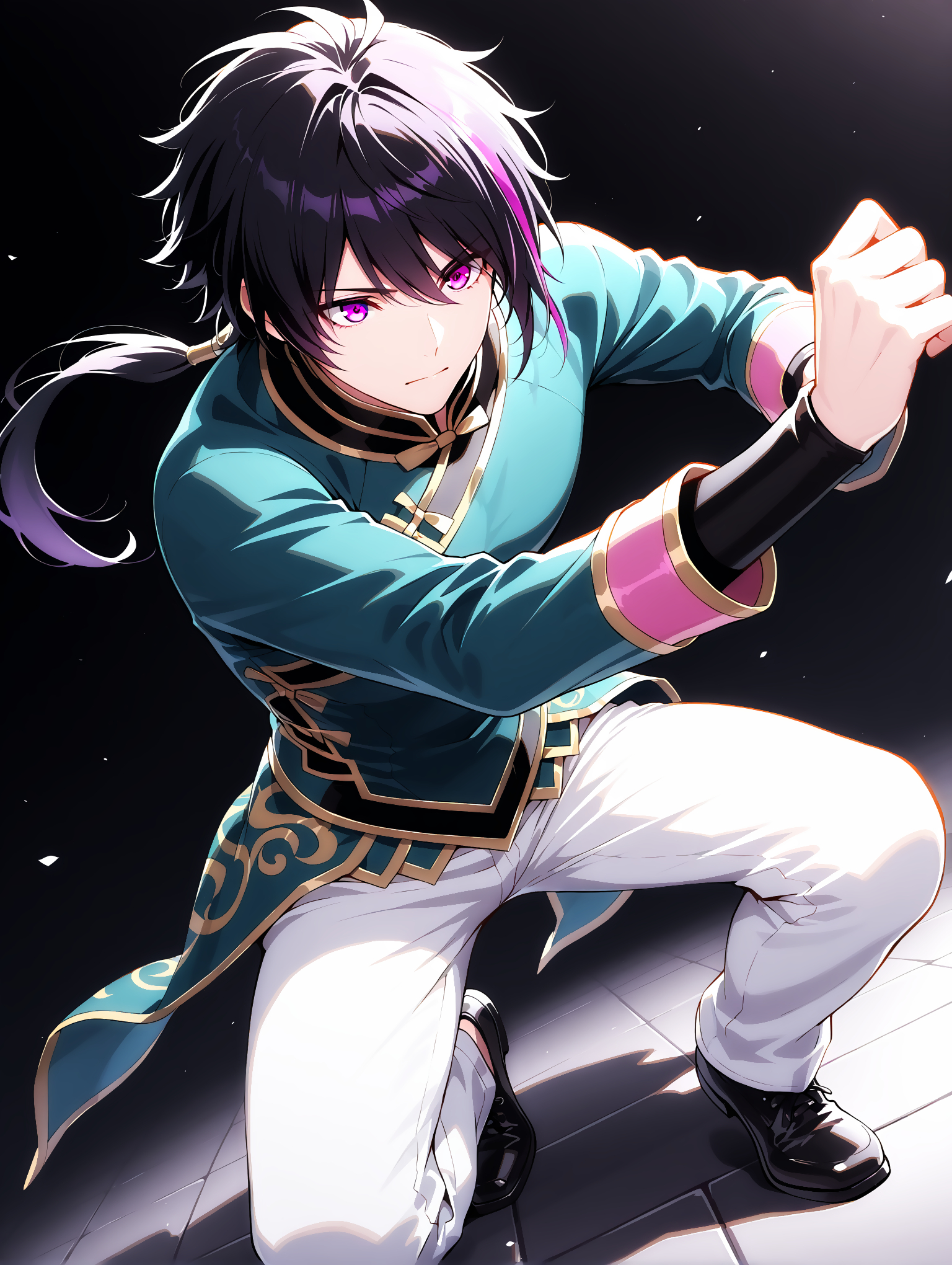 masterpiece, very aesthetic, best quality, solo, amazing quality, 24 years old, imtdlieren, 1boy, male, black hair, chinese clothes, pants, multicolored hair, purple hair, purple eyes, , low ponytail, long sleeves, streaked hair, white pants, shoes, black footwear, fit body, dynamic angle, dynamic pose, ramdom backgroun, detailed background
