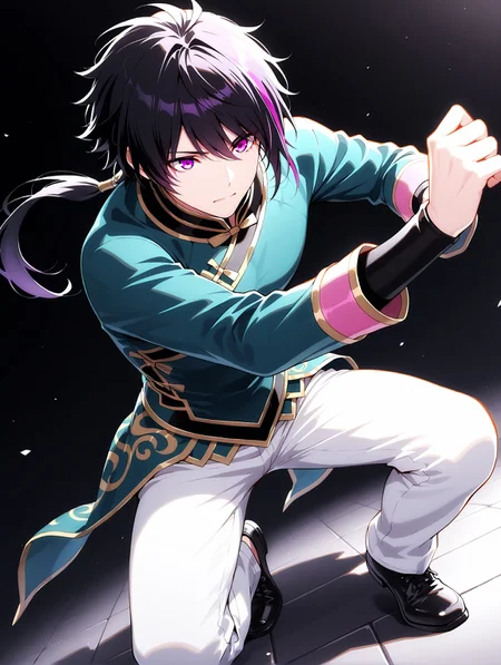 masterpiece, very aesthetic, best quality, solo, amazing quality, 24 years old, imtdlieren, 1boy, male, black hair, chinese clothes, pants, multicolored hair, purple hair, purple eyes, , low ponytail, long sleeves, streaked hair, white pants, shoes, black footwear, fit body, dynamic angle, dynamic pose, ramdom backgroun, detailed background
