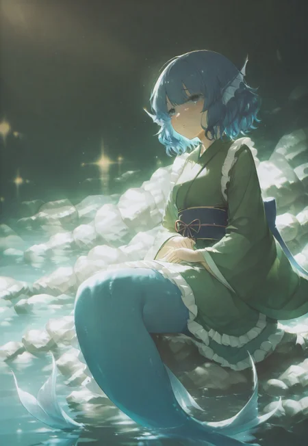 volumetric lighting, ambient occlusion, luminescent background, masterpiece, very awa, a mermaid sitting on a rock
BREAK
wakasagihime, 1girl, solo, blue eyes, blue hair, short hair, drill hair, head fins, mermaid,green kimono, frilled kimono, wide sleeves, blue obi, yellow obijime,