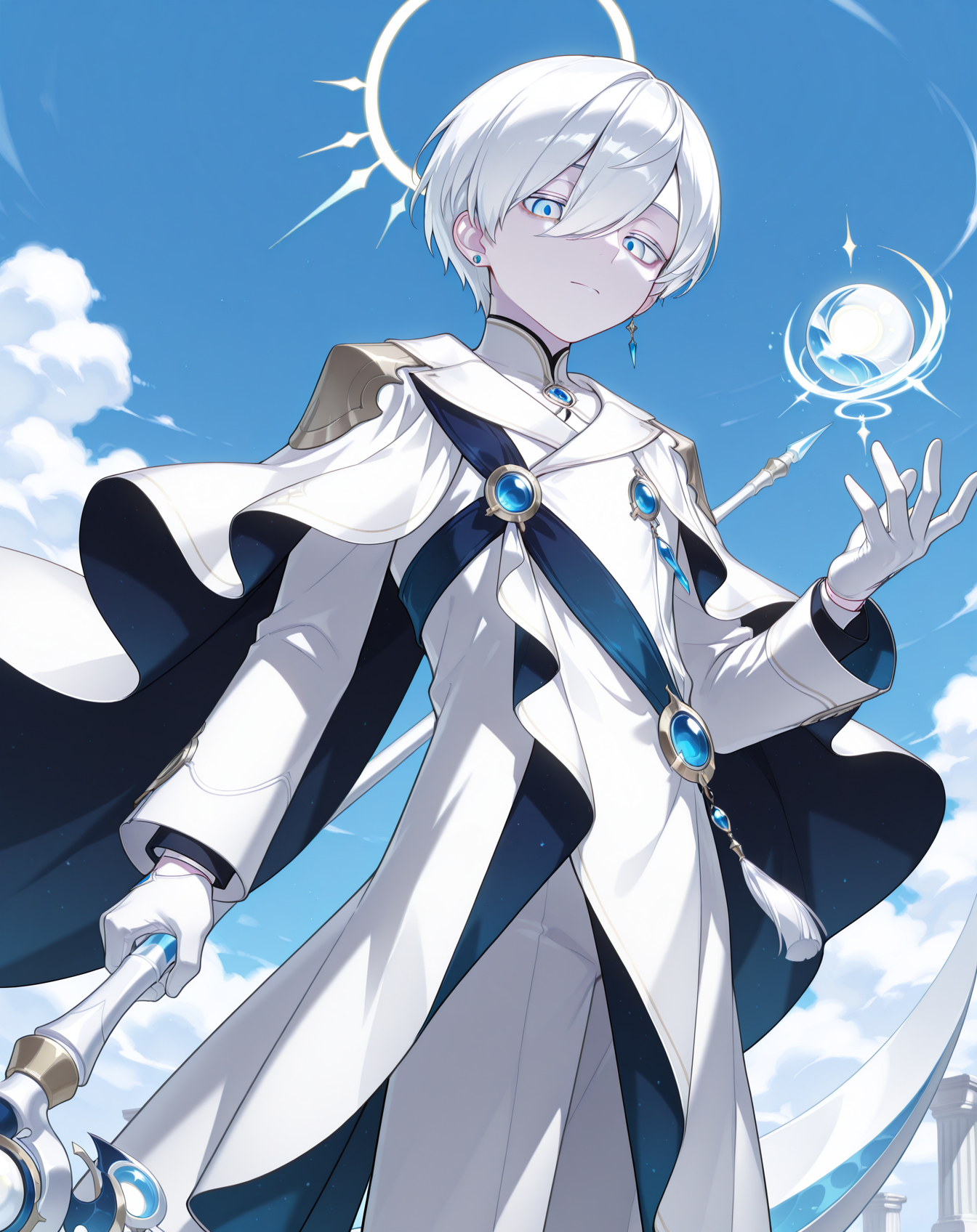 masterpiece, amazing quality, best quality, absurdres, very aesthetic,
1boy, solo, yaoi, male focus, cowboy shot, upper body, looking at viewer, face focus,
 <lora:Noah_Nyx_Pieta_ilxl:1> noahnp, white hair, blue eyes, short hair, hair over one eye, colored eyelashes, white skin, pale skin,
white gloves, white cape, white robe, two-sided fabric, halo, white cloak,long sleeves, stole, white pants, white shirt, white coat, tassel, two-sided cape, sash, white capelet, white footwear, fold-over boots, 
scythe (weapon), holding weapon, orb, floating object,
outdoors, day, blue sky,
jewelry, earrings, shoes, blue gemstone, gem,