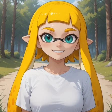 score_9, score_8, BREAK, solo, ssplatoon, inkling, female inkling, 1girl, tentacle hair, yellow hair, dark green eyes, cute, yellow eyebrows, white shirt, blue jeans, blue shoes, breasts, Bianca_(\OC_Inkling\), sexy pose, self portrait, smile, outdoors, sunlight, shadows, evening lighting, natural lighting, forest, trees, grass, orange sky, sunset