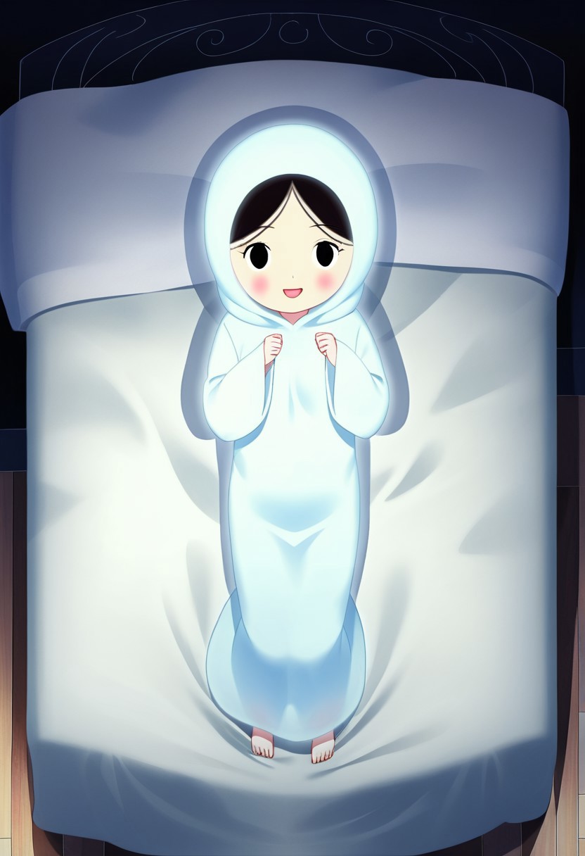 zPDXL3, source_cartoon, Perfect Hands, full body,
1girl, solo, aged down, bedroom, looking at viewer, saoirse, black hair, black eyes, blush, ghost, hood up, robe, barefoot, glowing, dancing on bed, from above, facing at viewer, feeling cold, eyes open, smile, open mouth, sleeve past wrist, slim body, long body, highlight cloth wrinkle, anime style,
<lora:Perfect Hands:1>  <lora:Saoirse_-_The_Song_of_the_Sea-000009:1>