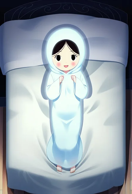 zPDXL3, source_cartoon, Perfect Hands, full body,
1girl, solo, aged down, bedroom, looking at viewer, saoirse, black hair, black eyes, blush, ghost, hood up, robe, barefoot, glowing, dancing on bed, from above, facing at viewer, feeling cold, eyes open, smile, open mouth, sleeve past wrist, slim body, long body, highlight cloth wrinkle, anime style,
<lora:Perfect Hands:1> <lora:Saoirse_-_The_Song_of_the_Sea-000009:1>