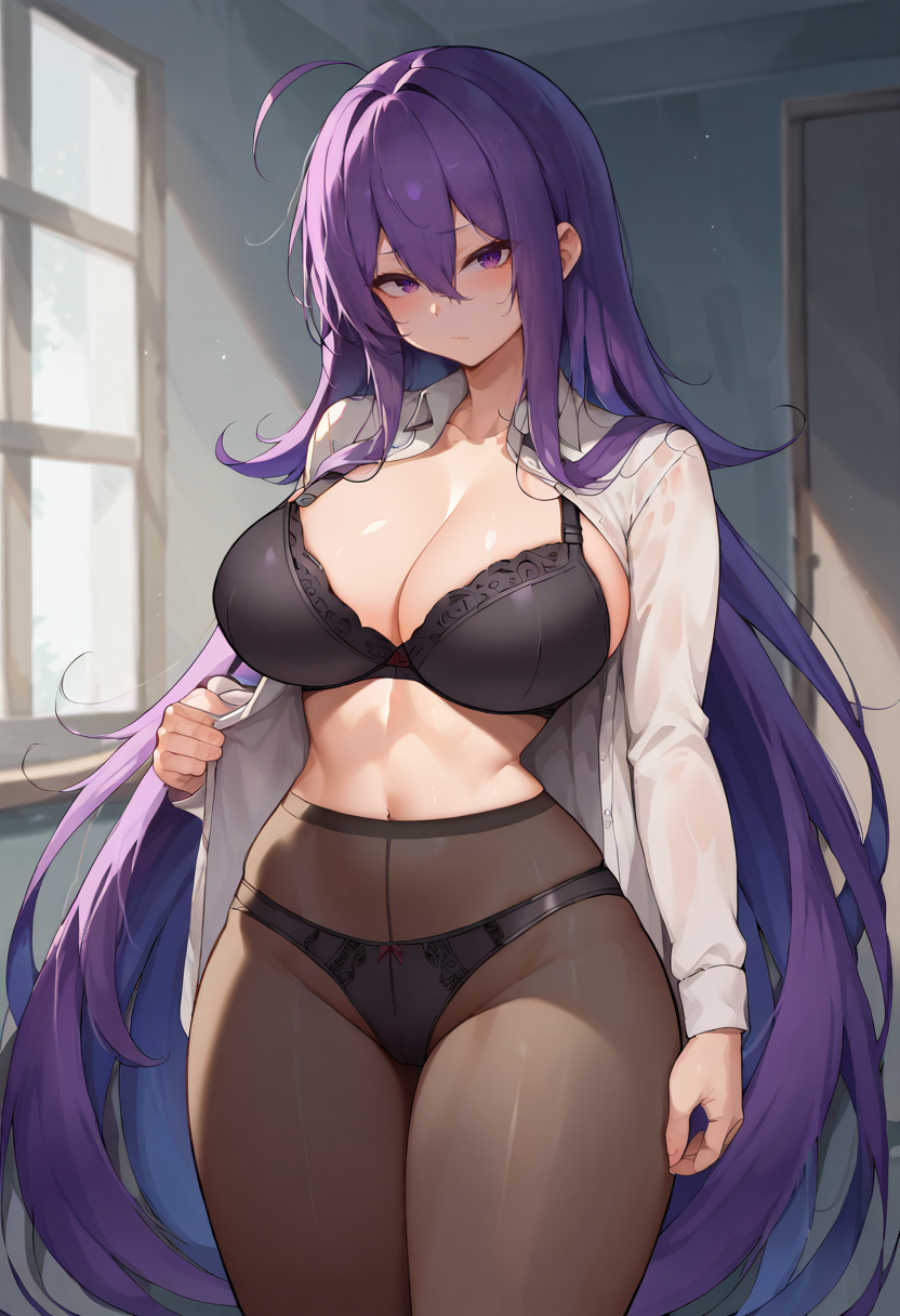 score_9, score_7_up,  1girl, 
huge breasts, wide hips, thick thighs, looking at viewer, open shirt, underwear, bra, genderswap, black bra, purple eyes, thighs, very long hair, cleavage, long hair, pantyhose, dressing, panties under pantyhose, breasts, eyes visible through hair, black panties, purple hair, lace bra, long sleeves, ahoge, closed mouth, shirt, collared shirt, open clothes, genderswap \(mtf\), solo, lace panties, cowboy shot, white shirt, black pantyhose, panties, blush, hair between eyes, lace
 <lora:greatdoggo-Style-PonyXL-GLoRA-000049:1>