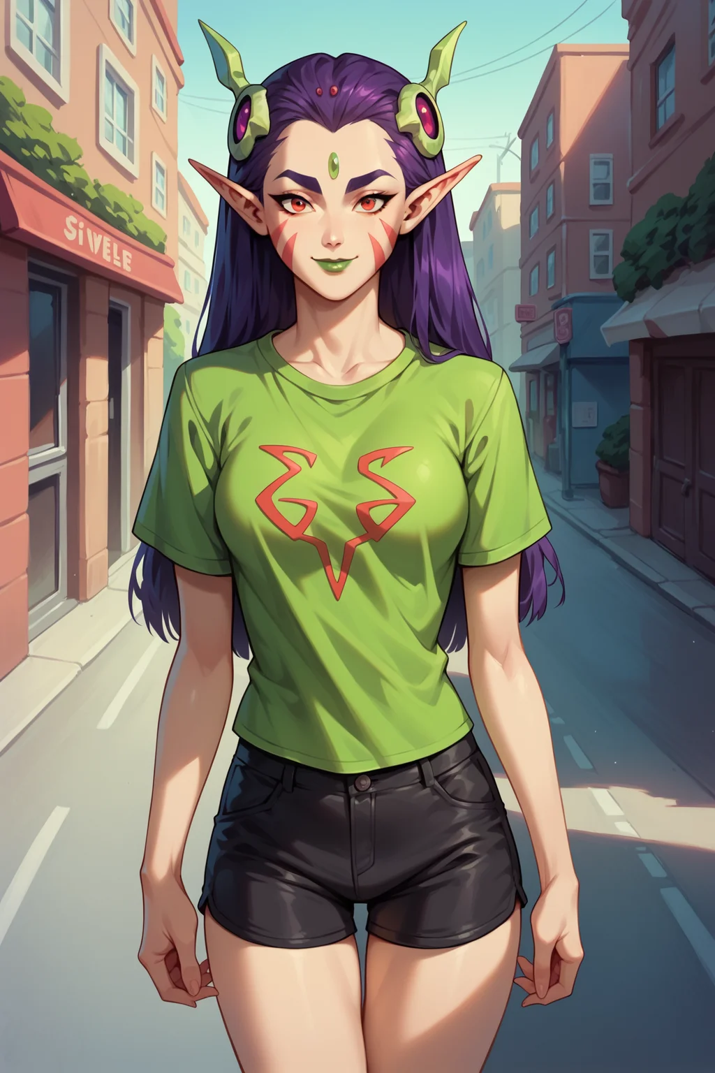 score_9, score_8_up, score_7_up, score_6_up, 1girl, solo, sivilmcseven, red eyes, purple hair, long hair, facial mark, forehead jewel, pale skin, pointy ears, lipstick, t-shirt, black shorts, street, outdoors, looking at viewer, smile,
<lora:Sivil:1>
