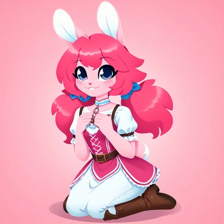 score_9, score_8_up, female, solo, full body, digital art, highly detailed, <lora:reverie:1.0> reverie, bunny girl, furry, pink body, pink hair, white medieval outfit, <lora:whygena_artstyle:1.15>