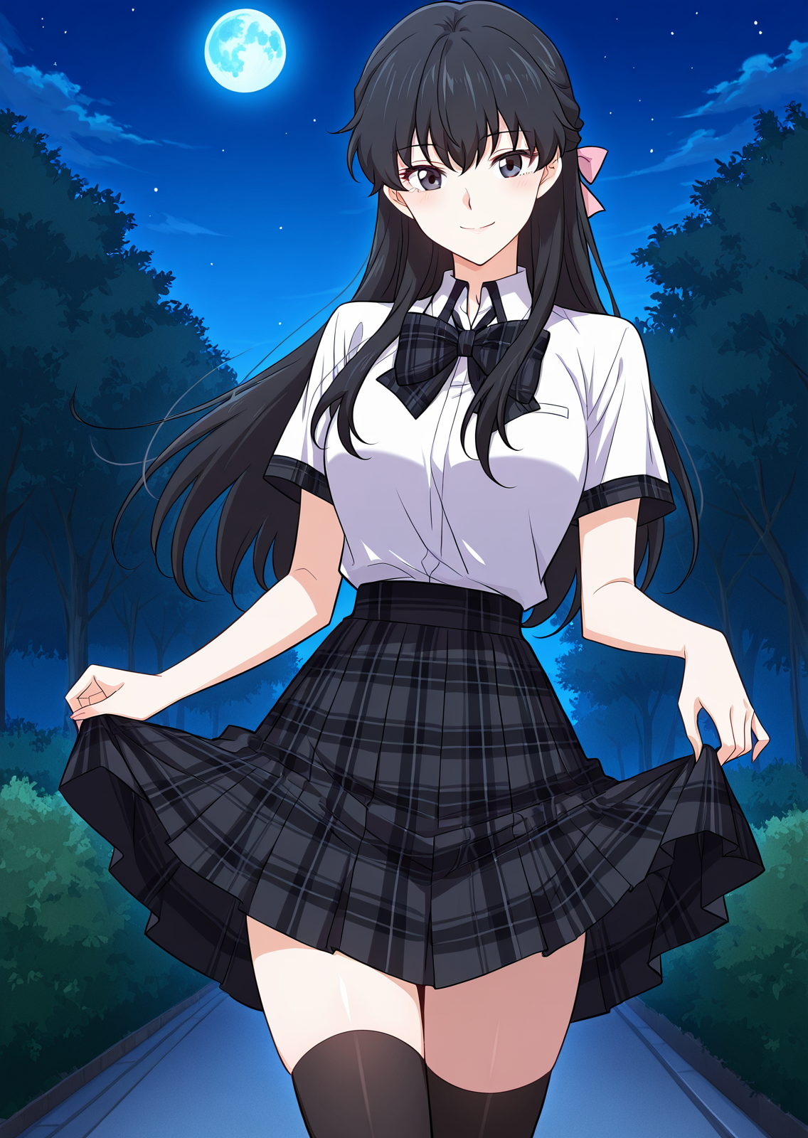 <lora:Immortal_Swordsman_In_The_Reverse_World__Jiang_Lian:1>
1 girl, solo,long black hair, straight hair, bangs, hair bun, black eyes,
school uniform, short sleeve shirt, white shirt, plaid skirt, black plaid, big ribbon bow, thigh high socks,
score_9, score_8_up, score_7_up, source anime, BREAK, cowboy shot, Masterpiece,(perfect female body:1.2), small waist, (incredibly detailed:1.4), slim, beautiful fingers, beautiful skin, looking at viewer, breasts, skirt hold, smile, garden backgroun, exterior, background, looking at viewer, night, blue moon