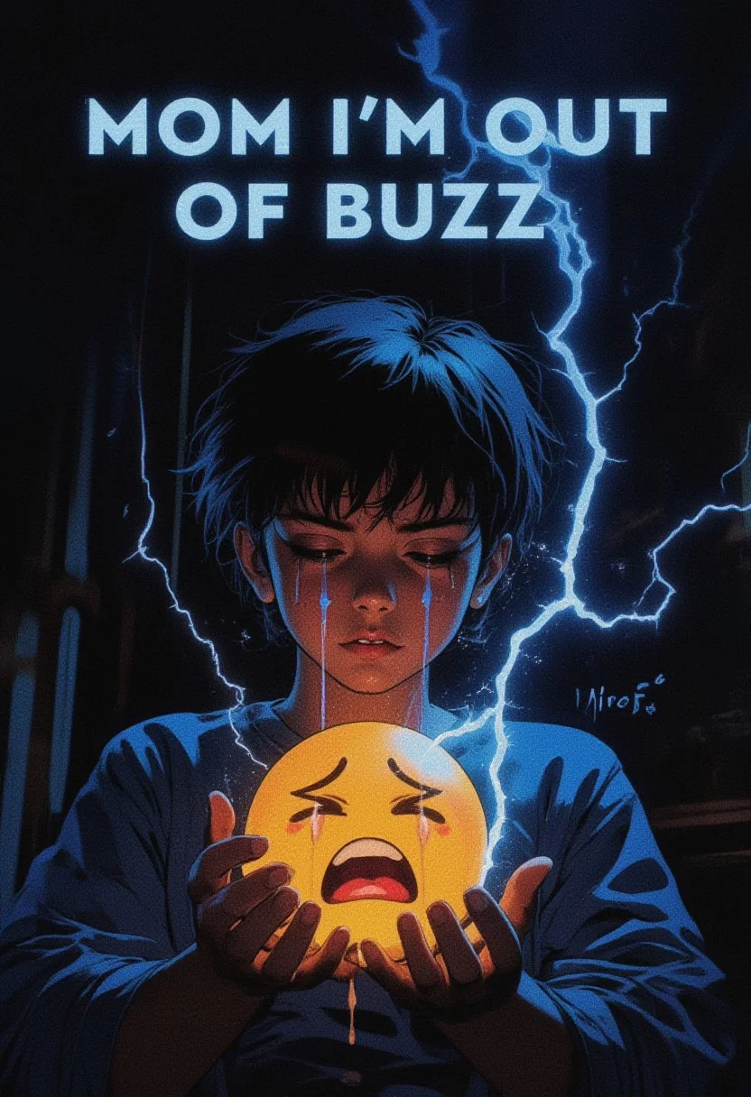 emotional ne0nfant4sy poster with the title saying "mom I'm out of buzz",small cute little boy crying bitterly while holding thunder emoji, dramatic lighting, focus of heavy tears, drkfnts style, mythp0rt,