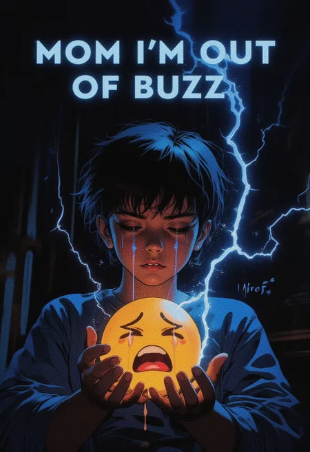 emotional ne0nfant4sy poster with the title saying "mom I'm out of buzz",small cute little boy crying bitterly while holding thunder emoji, dramatic lighting, focus of heavy tears, drkfnts style, mythp0rt,