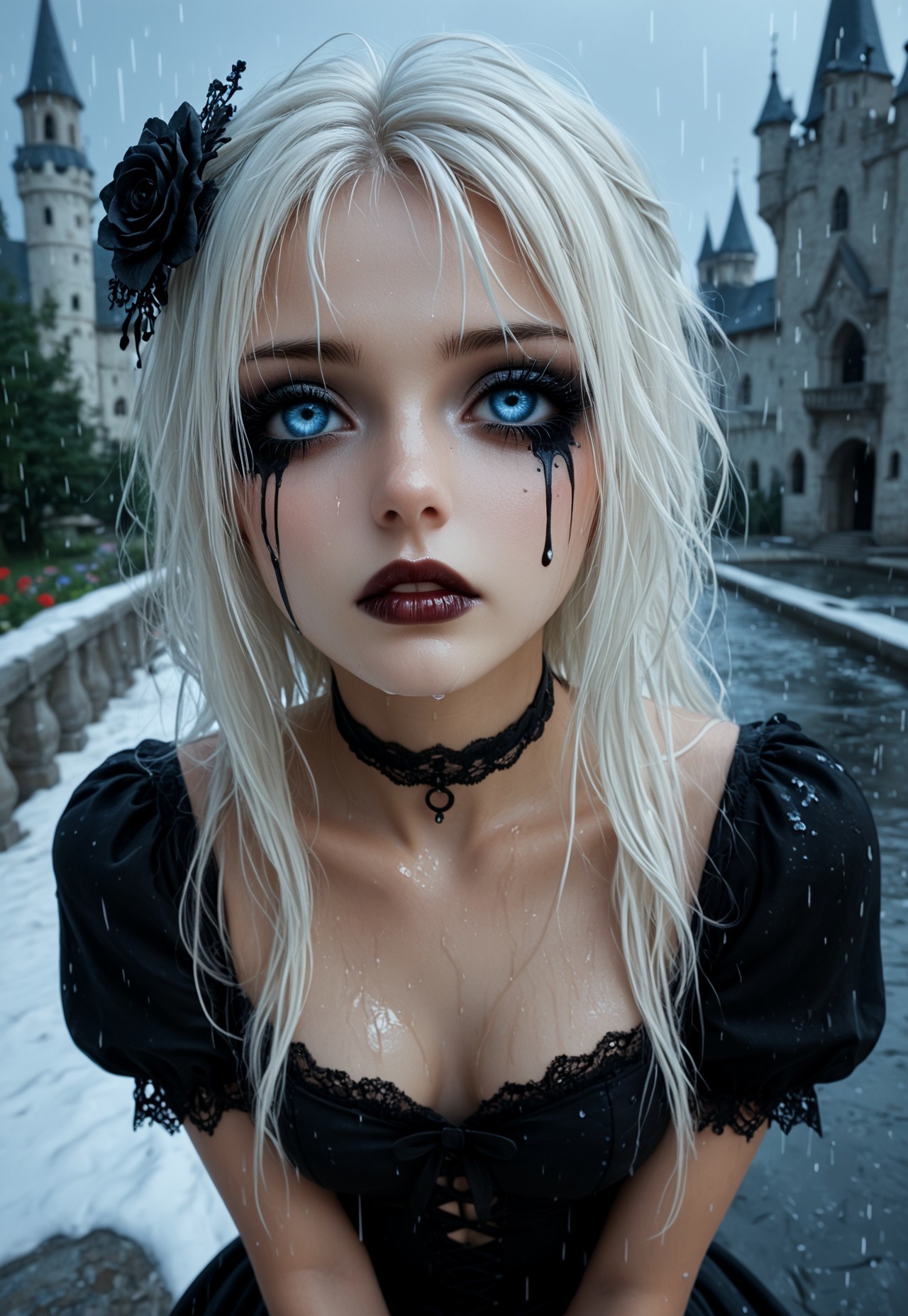 safe_pos, (((score_9, score_8_up, score_7_up))), (((Expressiveh,  highly detailed, masterpiece, perfect, detailed, hd, narrow waist, slim,)))
,
((( Axiomamb, blue eyes, white hair, long hair, eyelashes, makeup, hair flower, flower, black flower, snow white skin, gothic, black lips)))
,
((( 1girl, solo, sad, face down, looking up on viewer, wet hair, wet body )))
,
((( Outdoors, castle, dark, night, rain, storm)))
,
((( posing for viewer, bold ))) 
,
((( Best view from above))
,
((( Dress, Black dress, choker, black choker, )))
,
((( black mascara, mascara draining down cheeks, sorrow )))
,
()